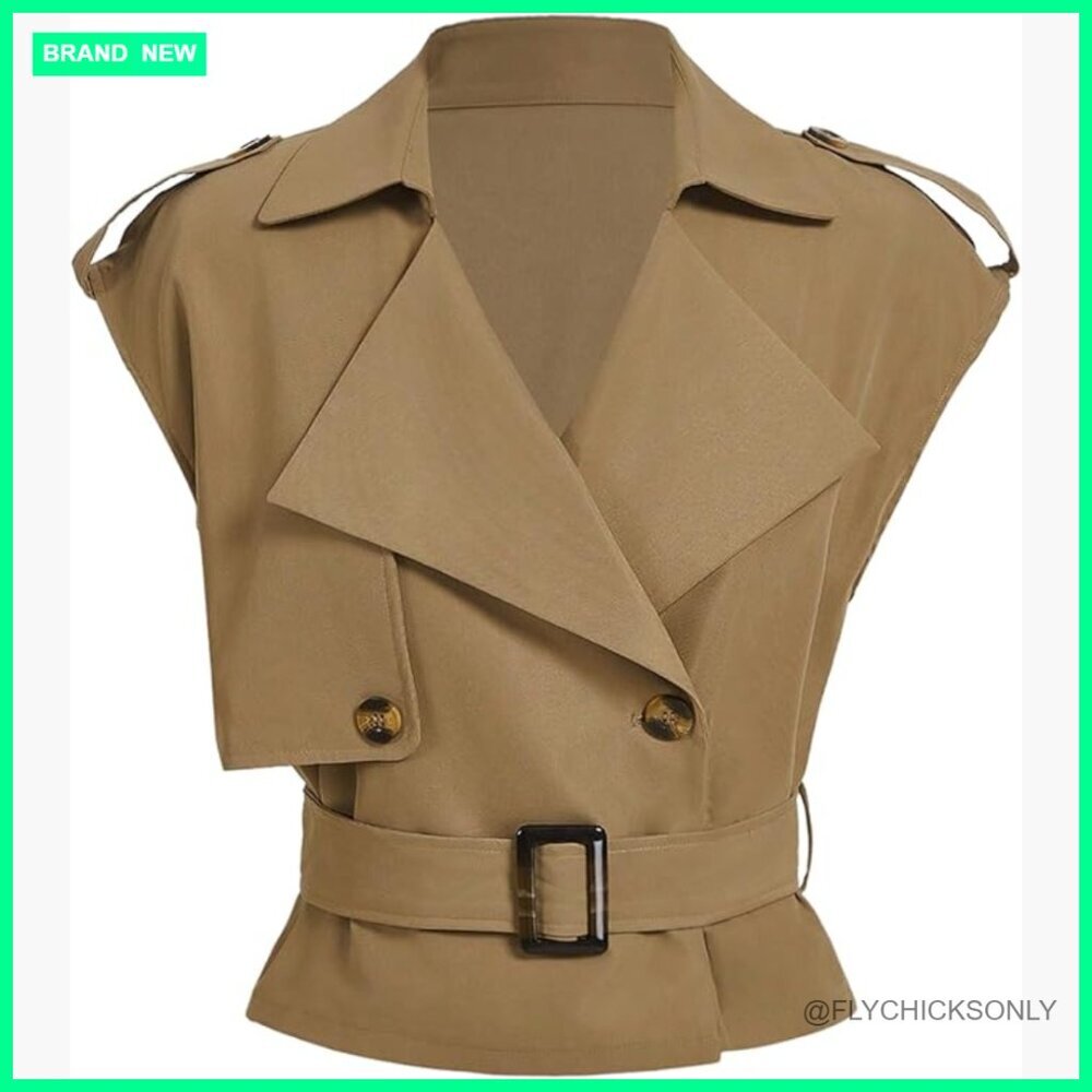 Cropped Trench Coat Cap Sleeve Belted Polyester Vest Jacket